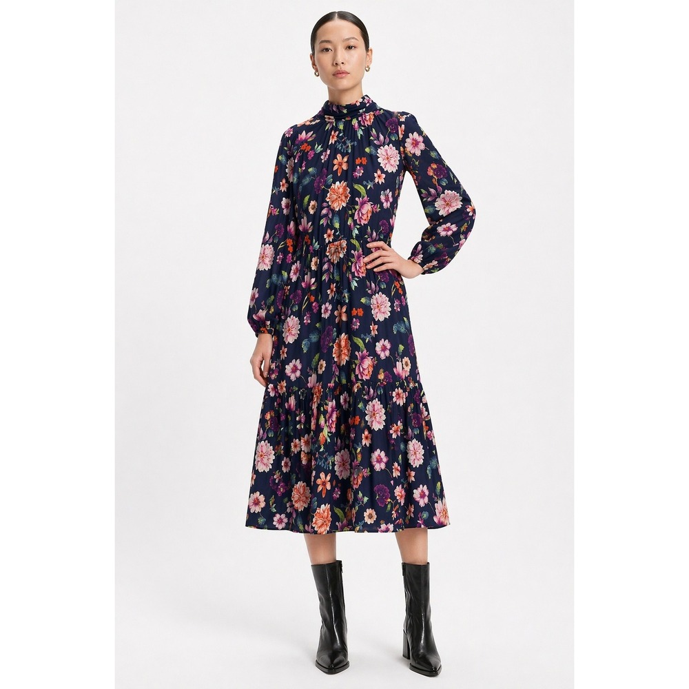 Studio Park Navy Floral Tie Neck Tiered Midi Dress Womens XLP Petite Long Sleeve
